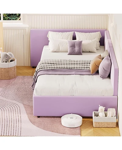 gaomon Twin Daybed with Extended Headboard, Corner Bed Frame with Bed Rails, Velvet Upholstered Sofa Bed with Guardrail for Bedroom, Guest Room