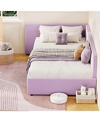 gaomon Twin Daybed with Extended Headboard, Corner Bed Frame with Bed Rails, Velvet Upholstered Sofa Bed with Guardrail for Bedroom, Guest Room
