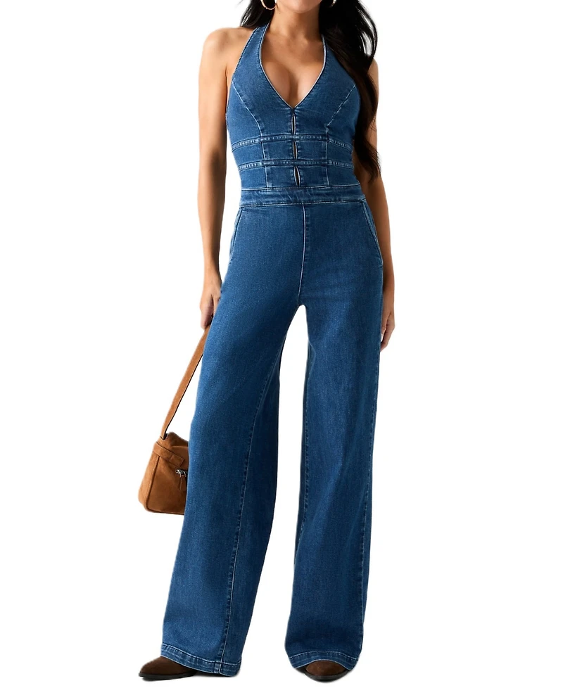 Guess Women's Val Halter V-Neck Wide-Leg Denim Jumpsuit