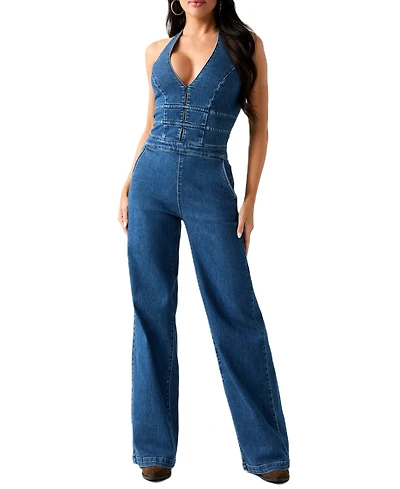 Guess Women's Val Halter V-Neck Wide-Leg Denim Jumpsuit