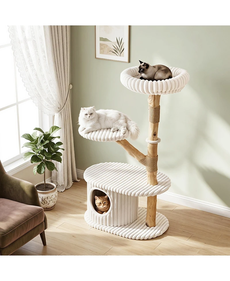 Gymax 41 Inch Tall Modern Cat Tower with Real Wood Branches Scratching Posts Cozy Bed