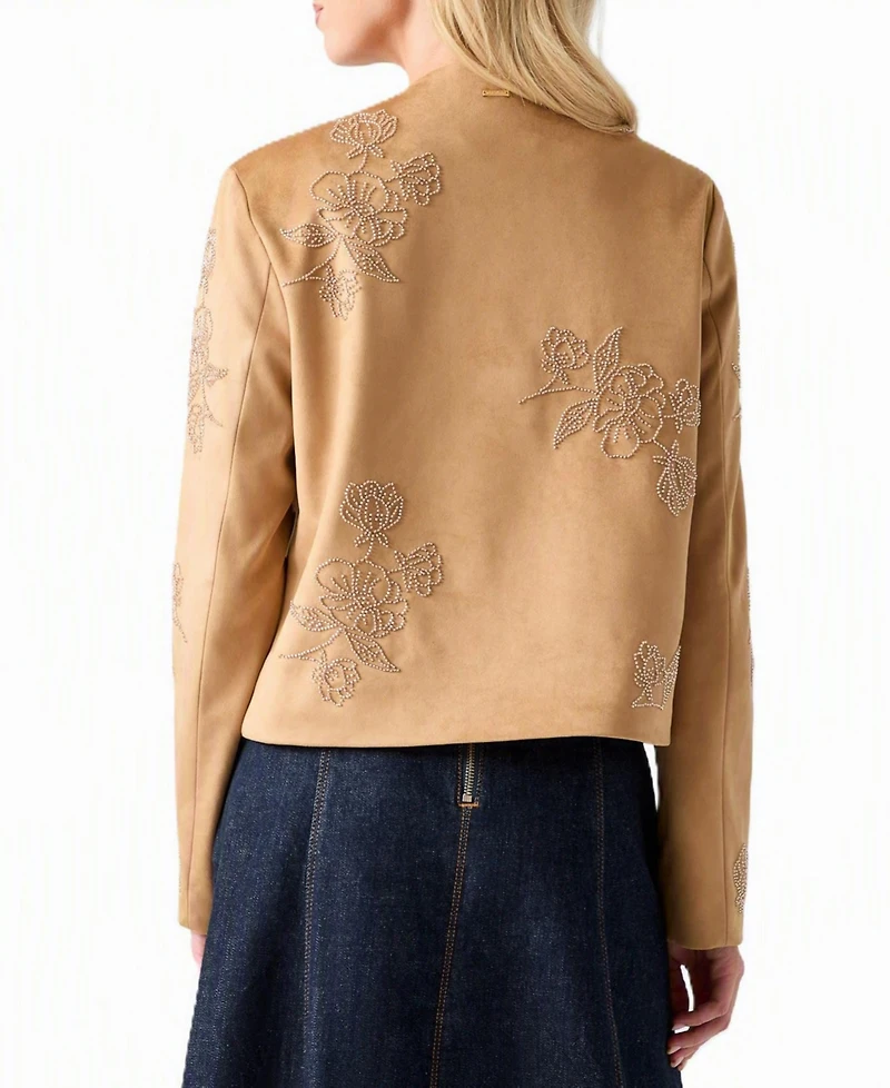 Guess Women's Oceane Faux-Suede Floral-Embroidered Jacket