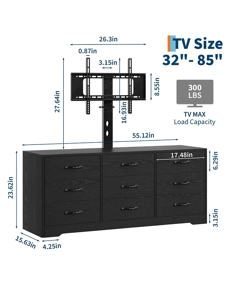 homfan Modern Tv Stand with Mount, 55'' Entertainment Center 9 Drawers, Adjustable Height Console for TVs Up to 85 Inches