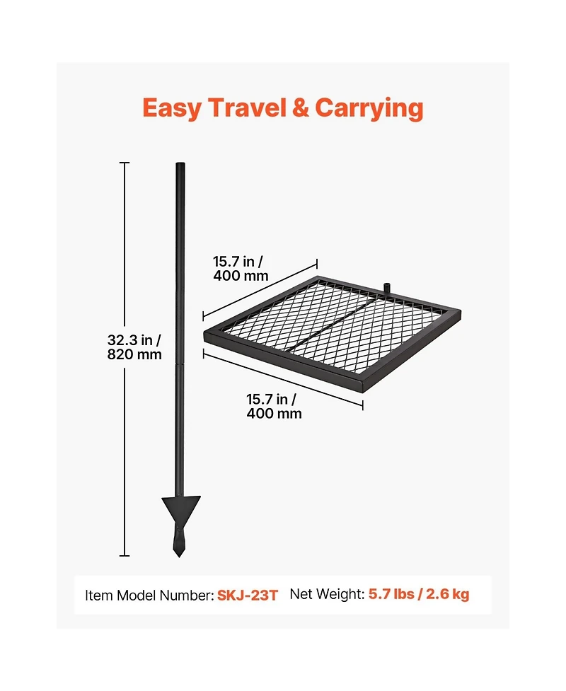 Sugift 16 In Swivel Campfire Grill Grate with 360 Degree Height Adjustable Steel Arm and Carry Bag