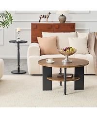 Rainsken 2-Piece Round Coffee Table and Side Table Set - 31.5" Retro Center Table with Open Storage Shelf and 15" Side Table for Living Room, Office