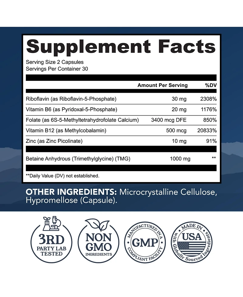 Left Coast Performance Homocysteine Support Capsules with Methylated B Complex Vitamins and Tmg, 60 Count