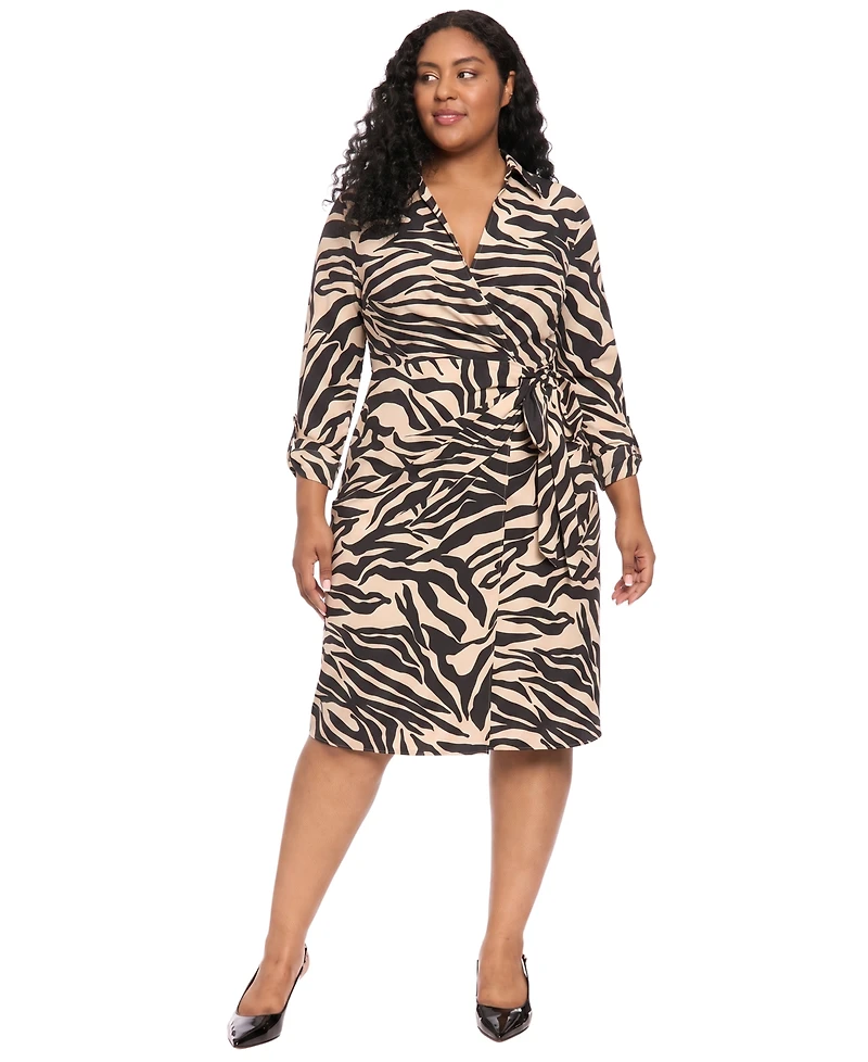 London Times Plus Long-Sleeve Wrap Midi Dress