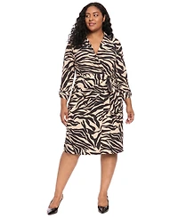 London Times Plus Long-Sleeve Wrap Midi Dress