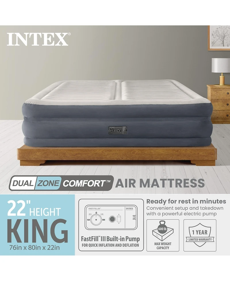 Intex 64953E Deluxe Dual Zone 22" King Sized Air Mattress with Built In Air Pump