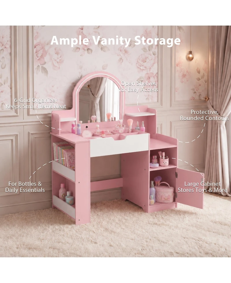 Kinder King Led-Lighted Mirror Vanity Set with Storage Drawer and Stool, 2-Piece, Ages 3+