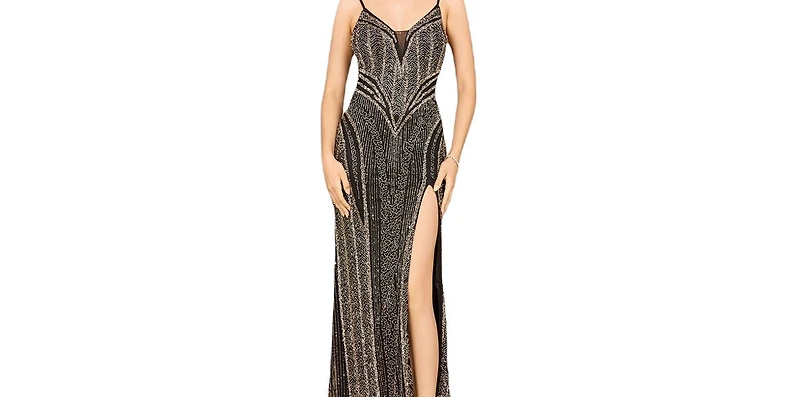 Lara Women's Spaghetti Strap Beaded Gown with Slit