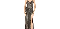 Lara Women's Spaghetti Strap Beaded Gown with Slit