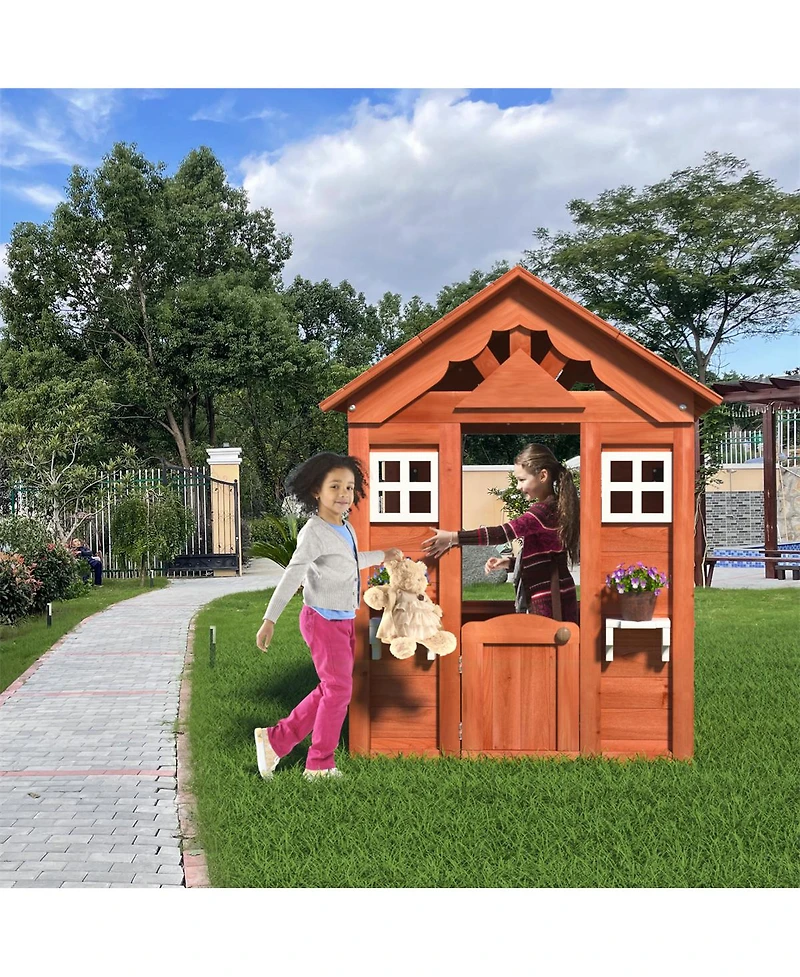 Yobtop Fir Wood Rot-Resistant Country-Style Playhouse with 2 Windows, Ages 3-8