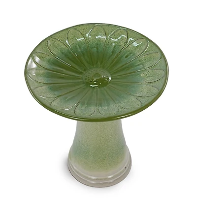 Yobtop Handmade Glazed Ceramic Bird Bath, Daisy Petal Embossed Tray, Pedestal Base, Ombre Gradient Glaze, Outdoor Bird Feeder for Patio and Backyard