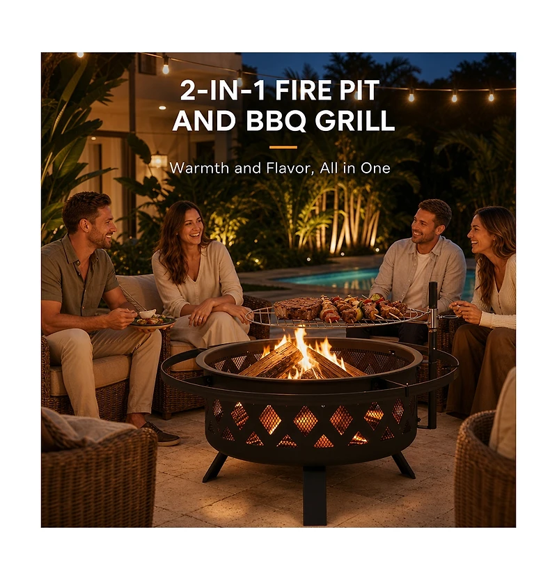 Aoxun 30in Outdoor Fire Pit With Grill, Steel Fire Bowl for Bbq Camping Picnic, Garden Patio Heater Charcoal Log Wood Burner