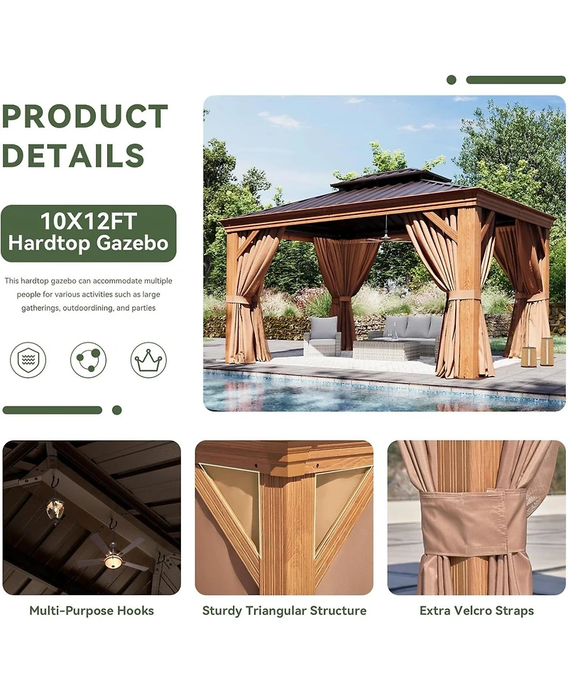 Aoxun 10'x12' Hardtop Aluminum Gazebo, Double Galvanized Steel Roof Pavilion with Drainage System and Netting