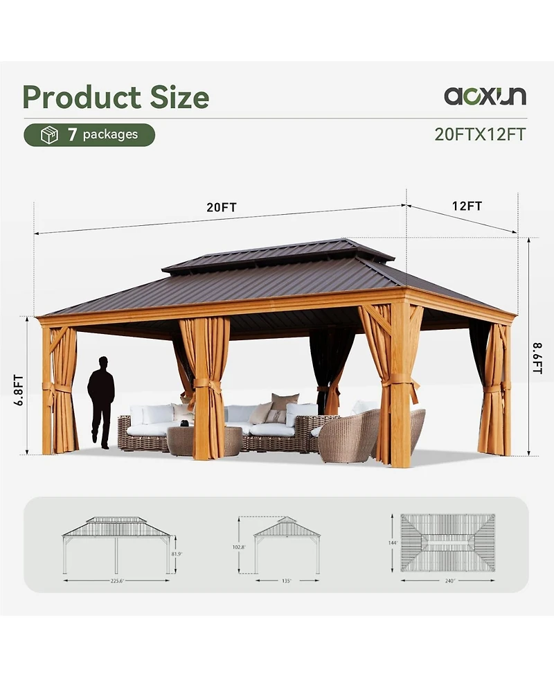 Aoxun 12'x20' Hardtop Aluminum Gazebo, Galvanized Steel Double Roof Pavilion with Drainage System and Netting