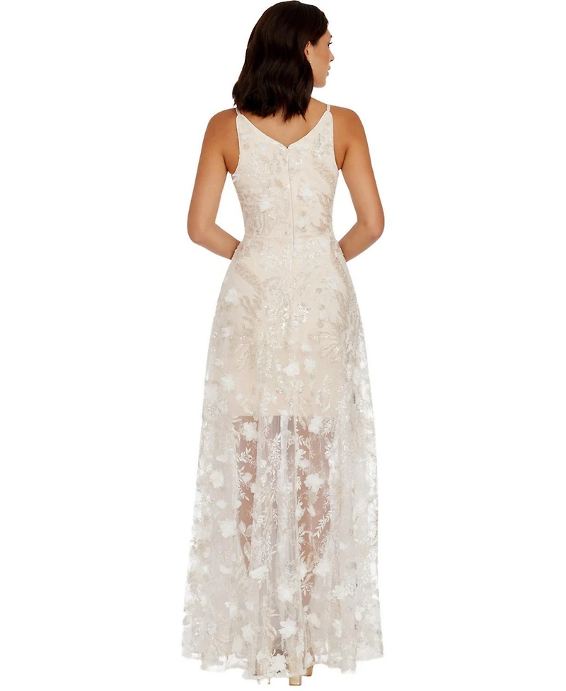 Dress The Population Women's Sidney V-Neck 3D Floral Sequin Sheer Overlay Gown