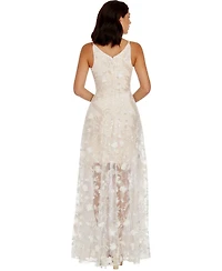 Dress The Population Women's Sidney V-Neck 3D Floral Sequin Sheer Overlay Gown