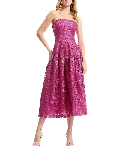 Dress The Population Women's Gemma Strapless Floral Lace Tiered Midi Dress
