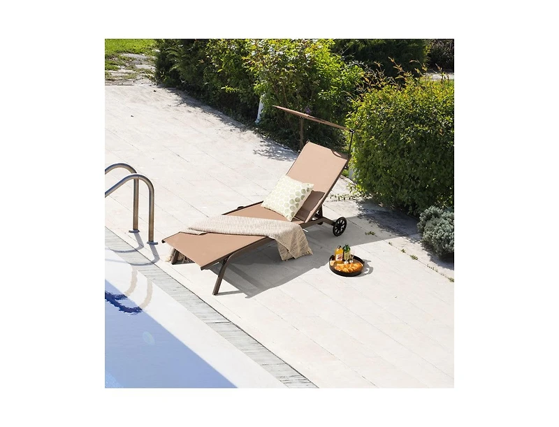 Lucky One Adjustable Patio Chaise Lounge Chair with Canopy Cup Holder and Wheels