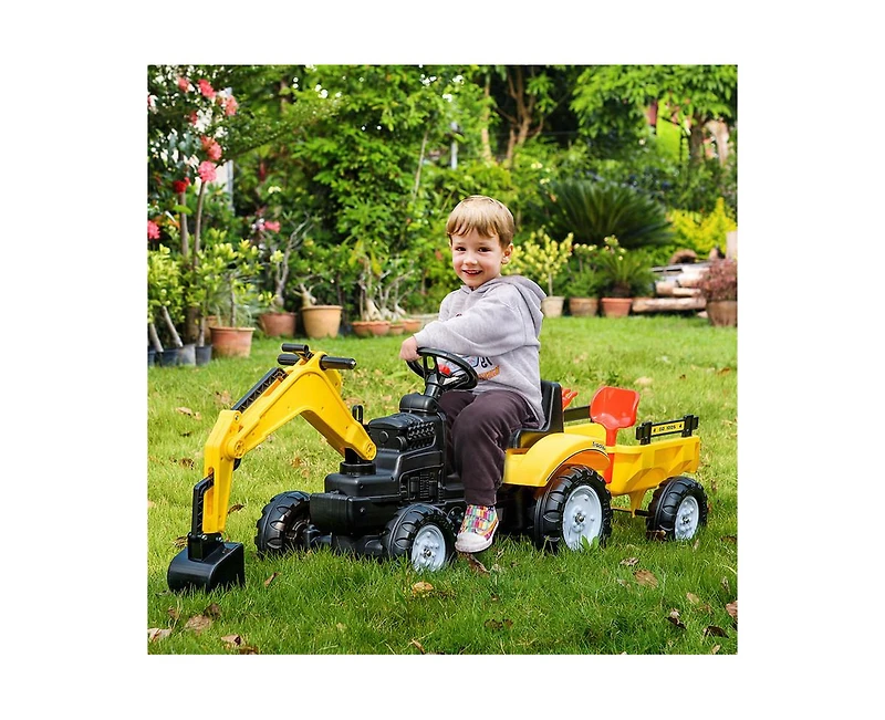 Yobtop Digger Foot-Powered Excavator Ride-On Toy with Detachable Trailer, 77-lb Capacity, Ages 3-6
