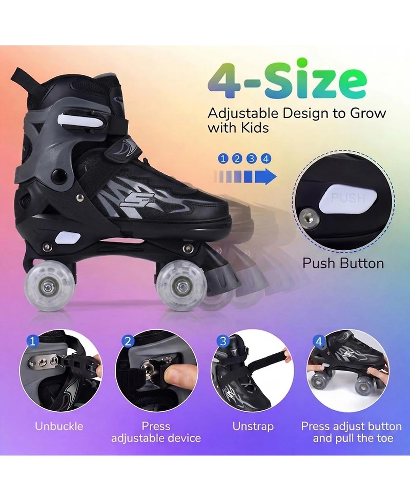 Sugift Kids Quad Roller Skates One-Button Adjustable Across 4 Sizes with Glow Wheels Ages 7-9