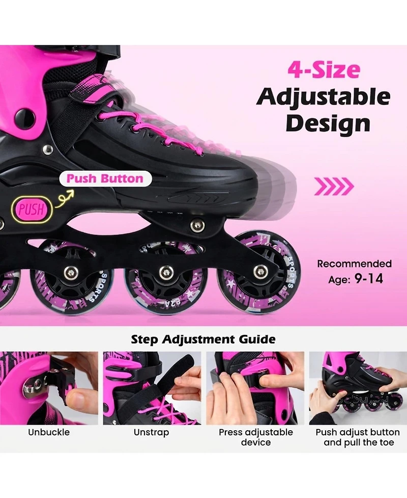 Sugift Inline Skates for Kids and Teens with Push-Button Sizing and Triple Protection Ages 9-14