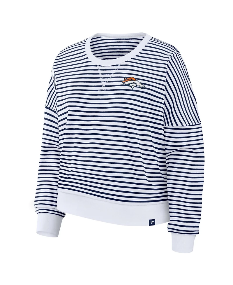 Fanatics Women's White/Navy Denver Broncos Striped Oversized French Terry Sweatshirt