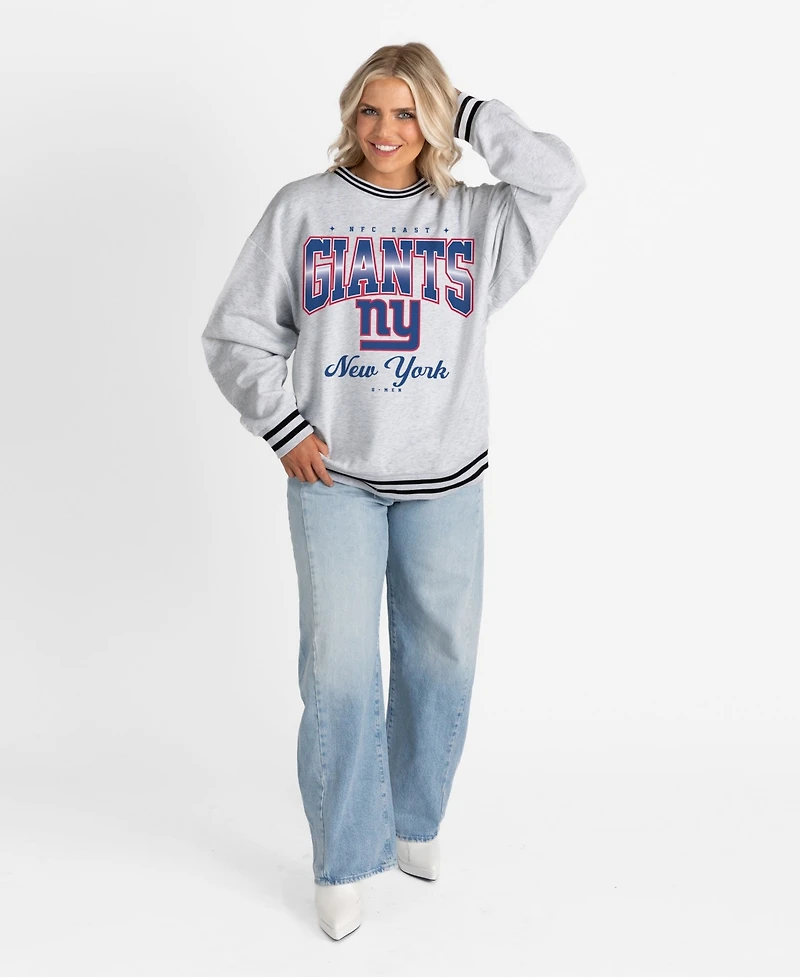 Gameday Couture Women's Ash/Black New York Giants Oversized Gridiron Drive Ringer Stripe Sweatshirt