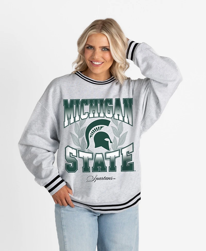 Gameday Couture Women's Ash Michigan State Spartans Oversized Fade Route Ringer Stripe Sweatshirt