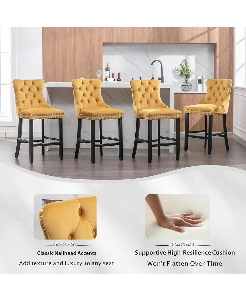 Rainsken Velvet Upholstered Bar Stools Set of 2 - Button Tufted Decoration, Nailhead Trim and Wooden Legs, Counter Height Chairs for Home Pub