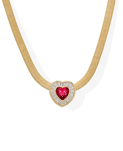 Macy's Simulated Ruby and Cubic Zirconia Baguette Heart on Herringbone 18'' Necklace