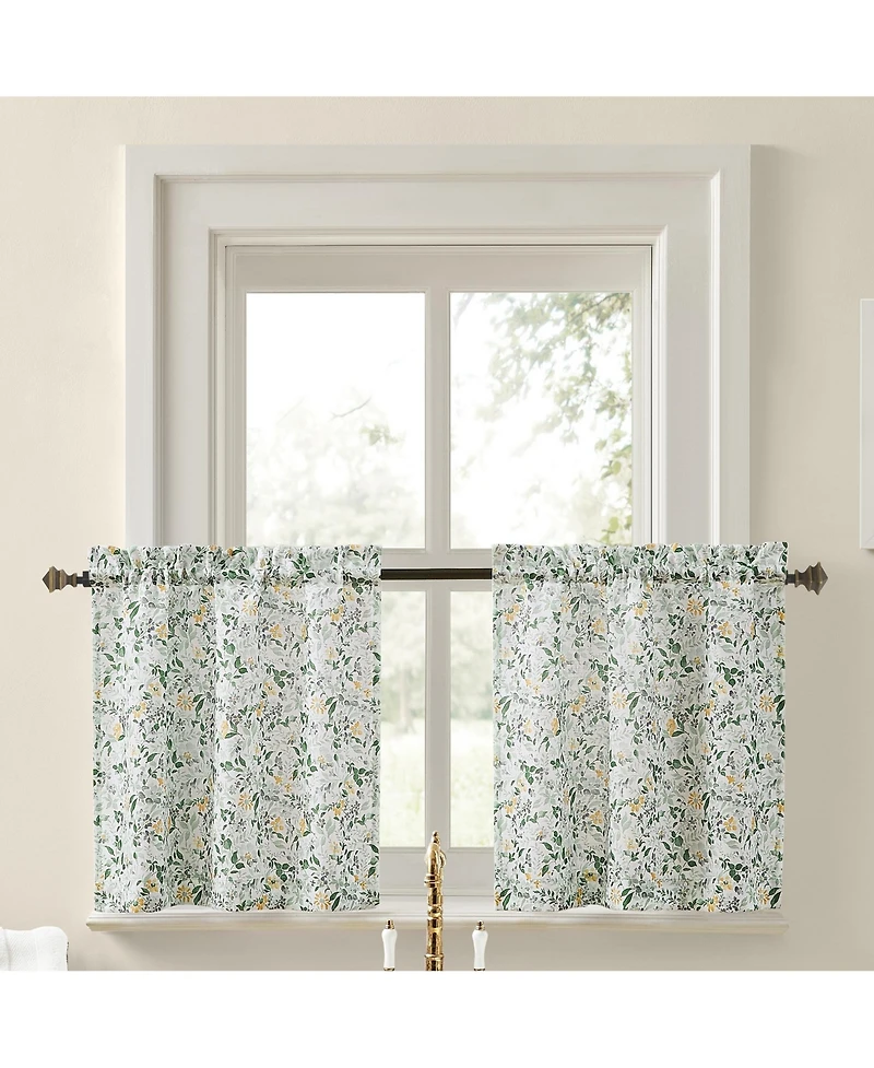 No. 918 Portia Watercolor Wildflower Semi-Sheer Rod Pocket Kitchen Curtain Tier Pair
