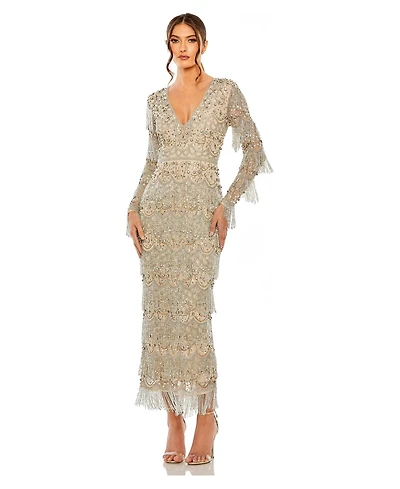 Mac Duggal Women's Beaded Fringe V-Neck Long Sleeve Gown