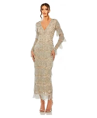 Mac Duggal Women's Beaded Fringe V-Neck Long Sleeve Gown