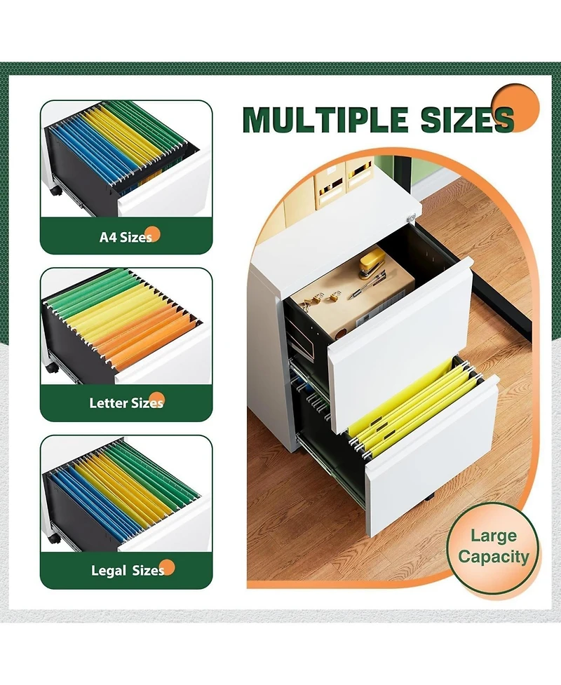 gaomon 2-Drawer Mobile Under Desk File Organizer on Wheels, Metal Filing Cabinet with Lock for A4/Letter/Legal, Smooth Glide Drawers