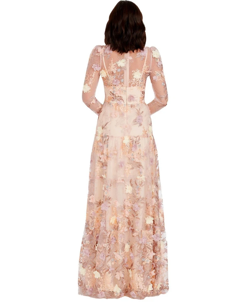 Dress The Population Women's Angelina Long Sleeve V-Neck Floral Fit and Flare Dress