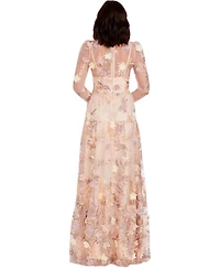 Dress The Population Women's Angelina Long Sleeve V-Neck Floral Fit and Flare Dress
