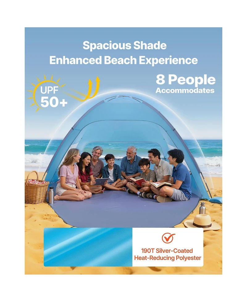 Sugift Upf 50+ Beach Tent Sun Shelter for 8 People with Rolling Mesh Curtains and Sand Pockets