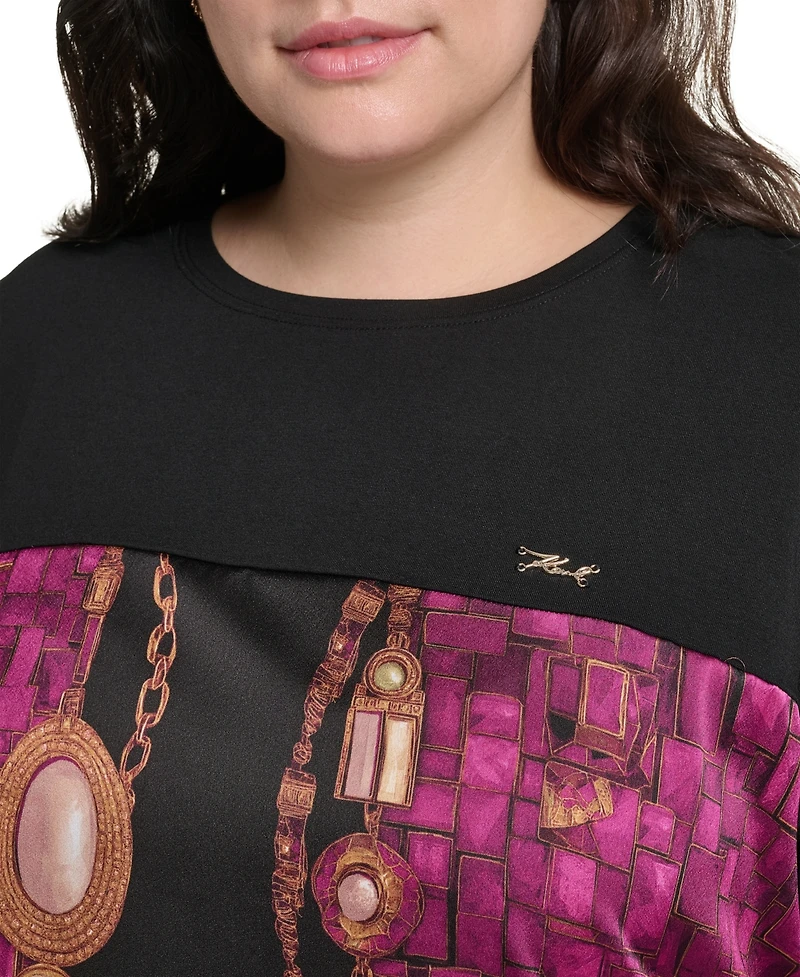 Karl Lagerfeld Paris Plus Gemstone Knit Placed-Print Crewneck Blouse