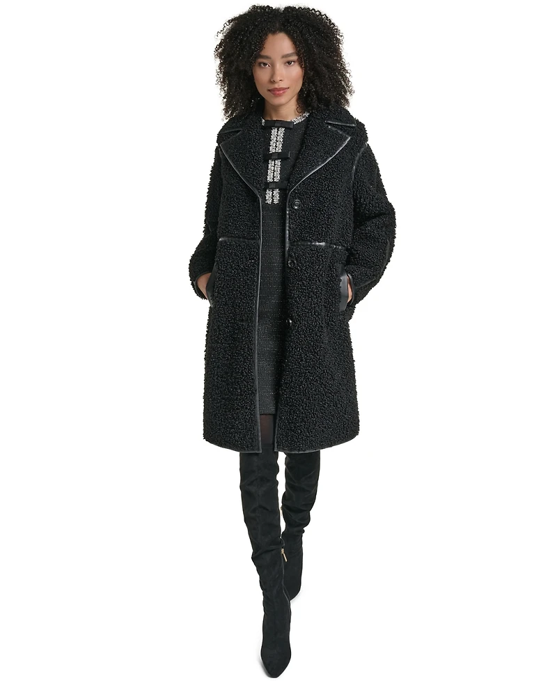 Karl Lagerfeld Paris Women's Faux-Leather-Trim Teddy Coat