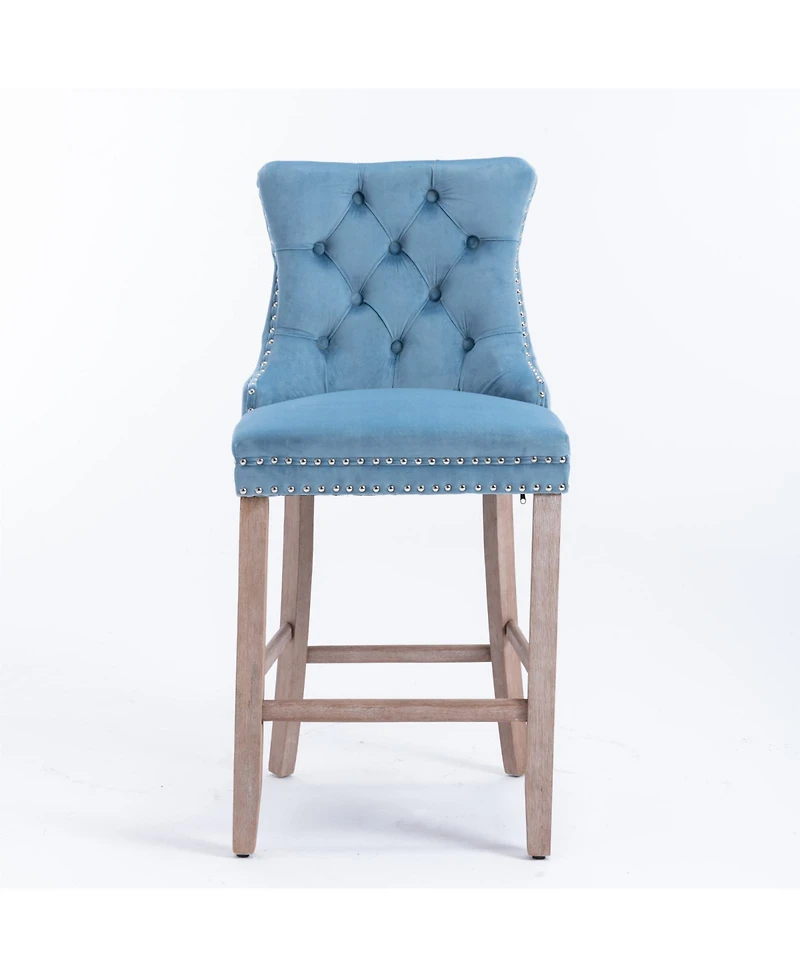 Flynama Set of 2 Mid-Century Bar Stools with High Back and Nailhead Trim, Solid Wood Legs