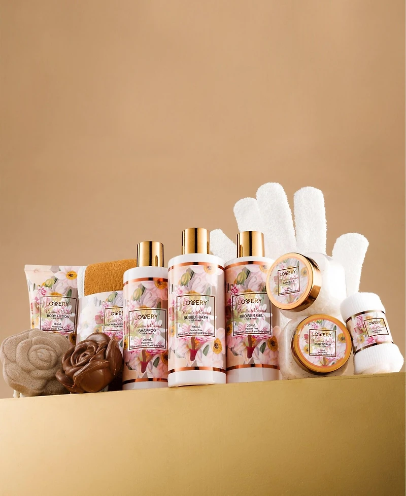 Lovery Home Spa Body Care Gift Set, Vanilla Coconut Bath and Body Gift Set, 13pc Self Care Package