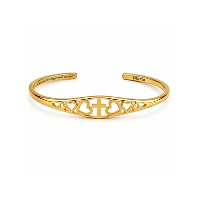 Dloria Cross and Heart faith Engraved Adjustable Cuff Bracelet-"Let your be bigger than fear"