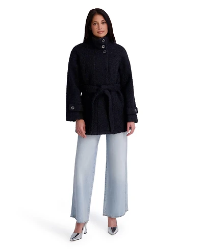 Kensie Women's Belted Faux Boucle Wool Jacket With Stand Collar