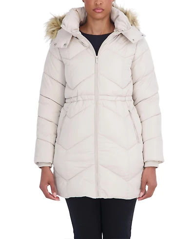 Sebby Collection Women's 3/4 Hooded Faux Fur Trimmed Puffer Coat