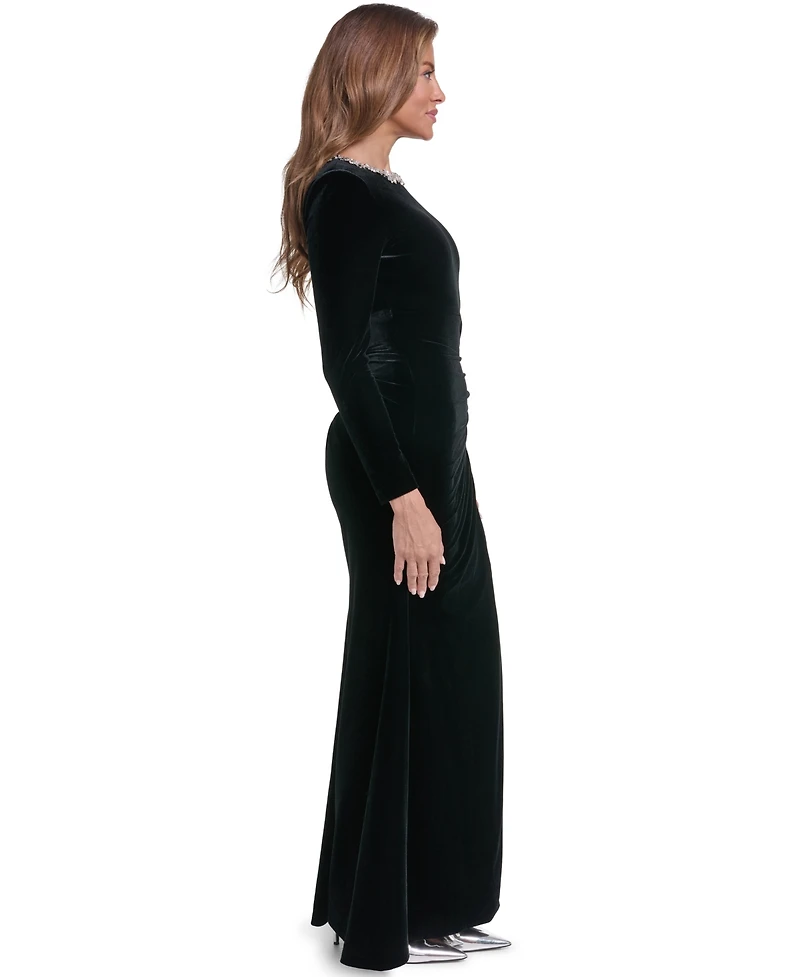 Eliza J Women's Long-Sleeve Embellished Jewel Neck Mermaid Velvet Gown