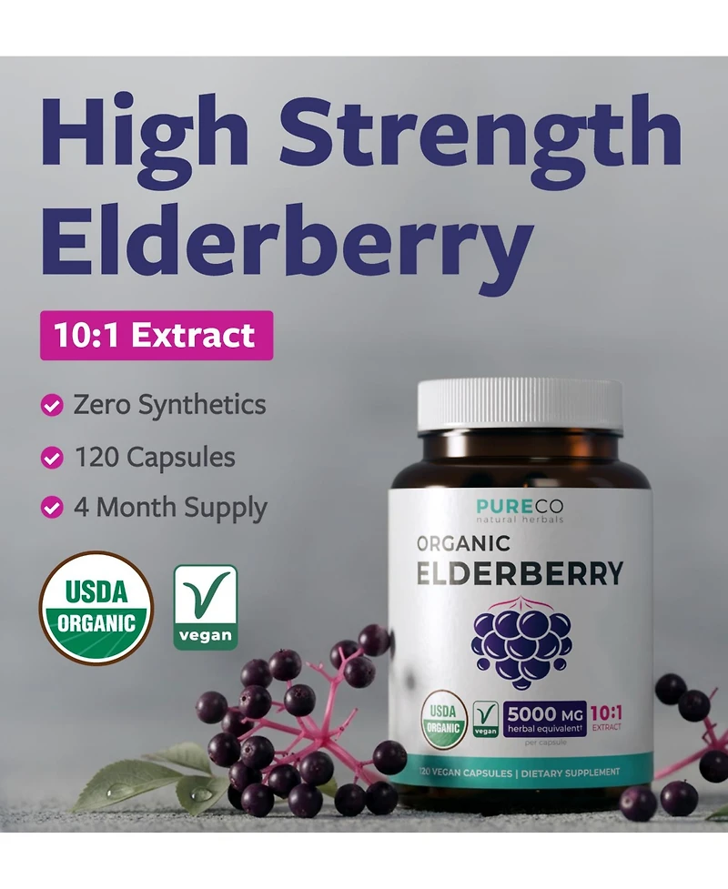 Pure Co Elderberry Extract Capsules, 10:1 Sambucus Nigra Extract, 5,000 Milligram Herbal Equivalent, 120 Capsules