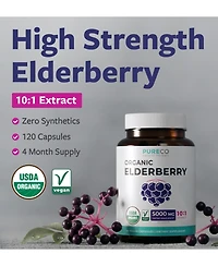 Pure Co Elderberry Extract Capsules, 10:1 Sambucus Nigra Extract, 5,000 Milligram Herbal Equivalent, 120 Capsules
